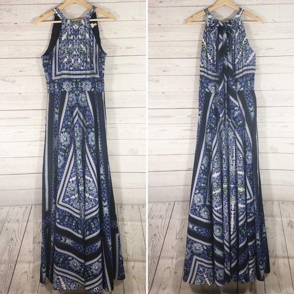 ELIZA J Blue Scarf Print Halter Maxi Dress Sz 8 - Picture 3 of 14